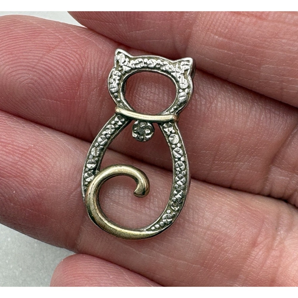 Vintage JCM Sterling Silver Cat Pendant Diamond Collar Gold PlatedTail Slide 925